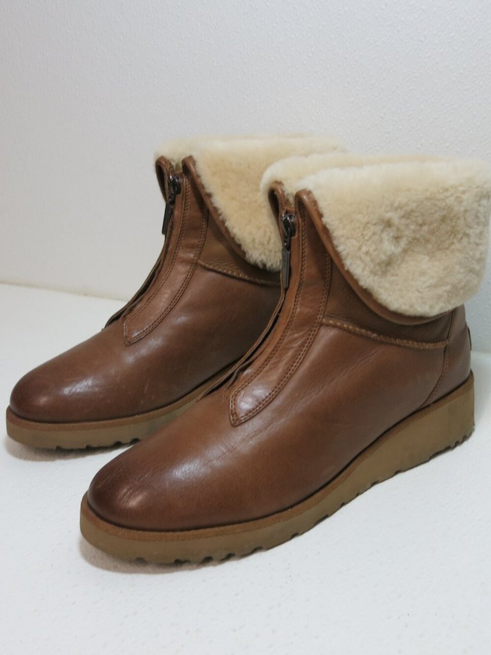 UGG Caleigh Wedge Leather Shearling Zip Fold Over Boots Australia Boot Shoes 11